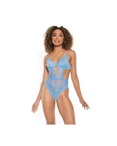 Scallop Stretch Lace & Sheer Mesh Teddy w/Front V Cut Out Blue